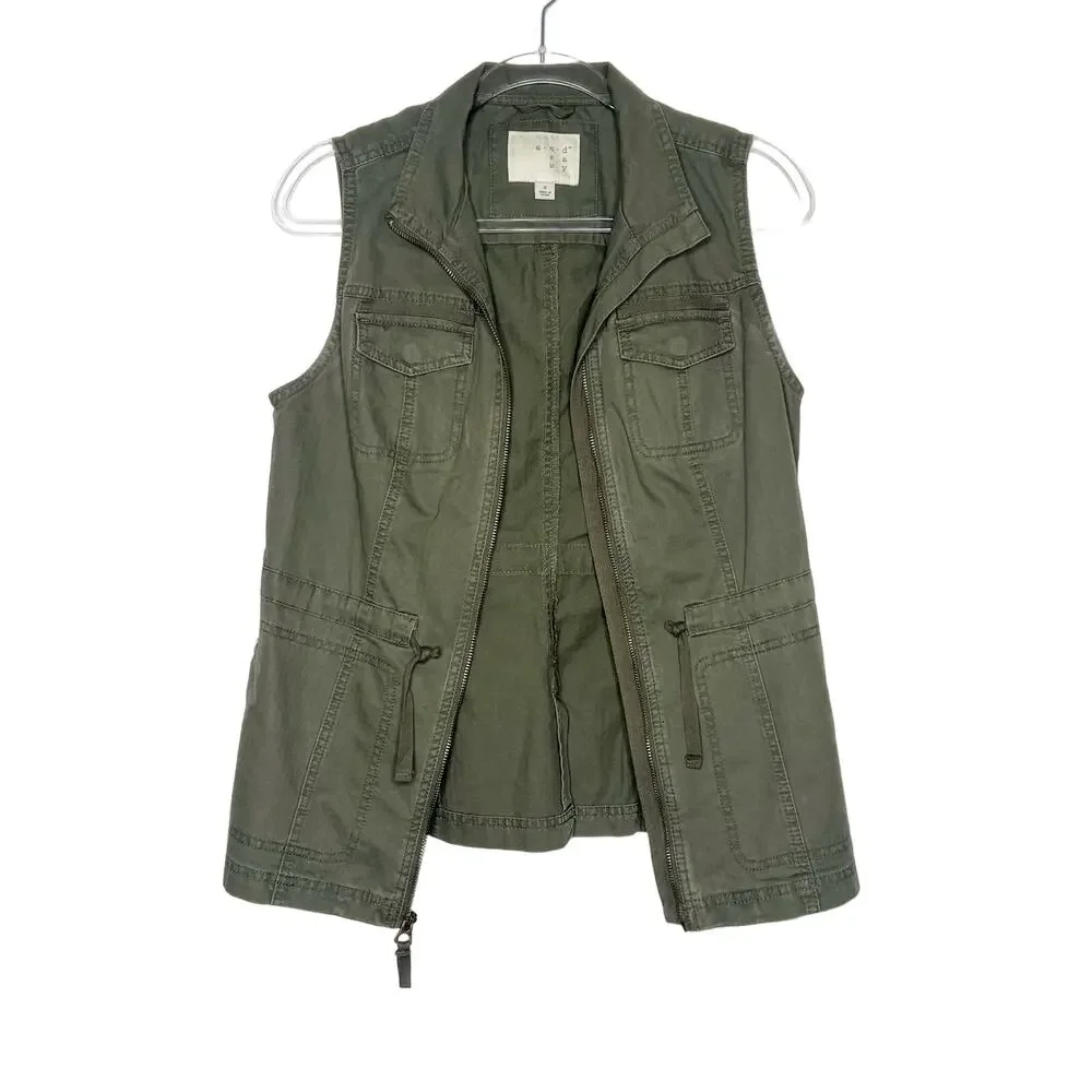 A NEW DAY Military Vest Full-Zip Drawstring Waist Utility Army Green Size Small